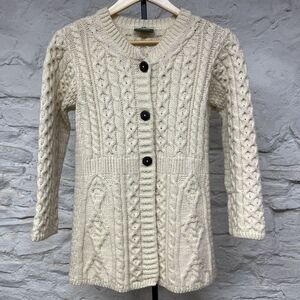 Carraig Donn 100% Merino Wool Made in Ireland Chunky Cable Knit Cardigan M Cream